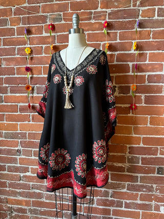 Artemis Batik Long Tunic Top - Black/Red