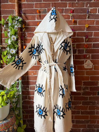 Evil Eye Blue 100% Cotton Hoodie Kimono Robe  - Fair Trade Made