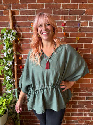 Nomad Linen Drawstring Waist Top -Moss- Made in Italy