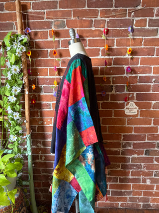 OOAK Autumn Collection- Bob Marley Inspired Upcycled Silk Patchwork Tie Dye Hi Lo Poncho Top