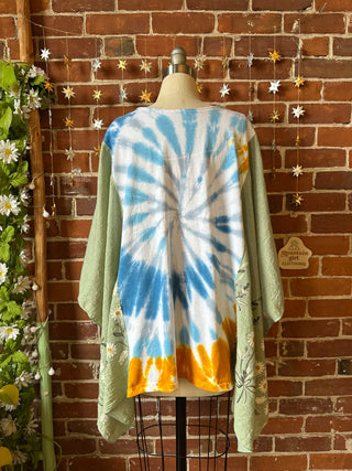 Grateful Dead Blooms Tie Dye Inspired Green Daisy Embroidered Poncho
