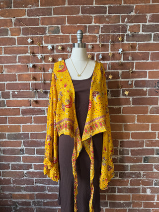 Golden Yellow Sun, Moon + Stars Celestial Cropped Bell Sleeve Wrap Top