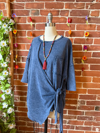 100% Cotton Afternoon Stroll Wrap Kimono Top - Dusty Blue