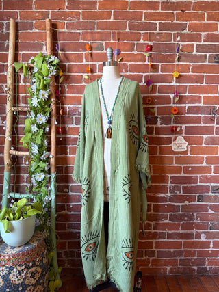 Sage Evil Eye 100% Cotton Kimono Robe  - Fair Trade Made