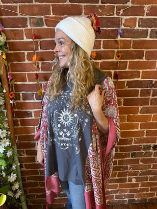 Celestial Sun Moon Stars Hybrid Boho Hi Lo Poncho Top