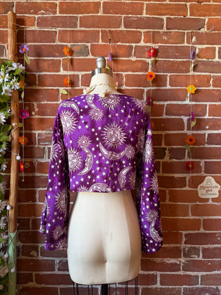 Purple Sun, Moon + Stars Celestial Cropped Bell Sleeve Wrap Top