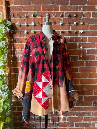 OOAK Winter Collection- Birdsong Kantha + Bleach Plaid Button Up Wing Style Poncho Jacket