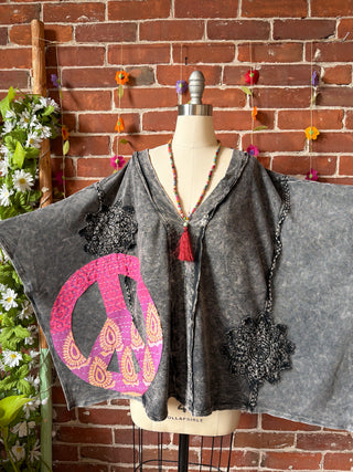 OOAK Summer Collection - Upcycled Kantha Peace Sign Patch Patchwork Poncho Style Top ☮️