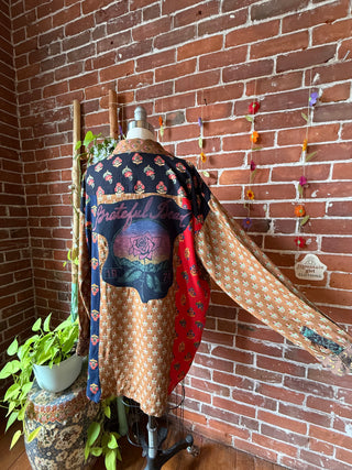 OOAK Autumn Collection- Size S/M Upcycled Flowy Patchwork Grateful Dead Inspired Button Up Top