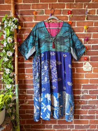 Coffee In The Morning Kantha Dress - Fits up to 3X - 100% Cotton- Fair Trade Made