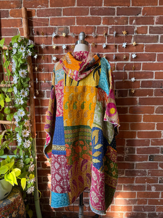 Sierra Dreams Patchwork Upcycled Cotton Kantha Poncho Tunic Hoodie