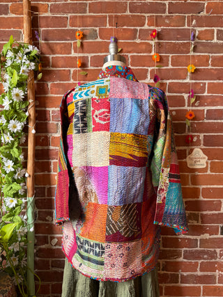 100% Silk Solstice Reversible Kantha Kimono Patchwork Jacket - Fair Trade Made