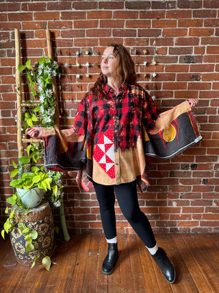 OOAK Winter Collection- Birdsong Kantha + Bleach Plaid Button Up Wing Style Poncho Jacket