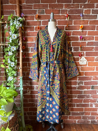 Blue + Yellow Elephant Mandala Long Tapestry Robe Kimono w/ Pockets + Belt - Fair Trade Made