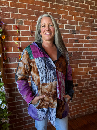 Autumn Stroll Tie Dye Fleece Lined Patchwork Hoodie Jacket