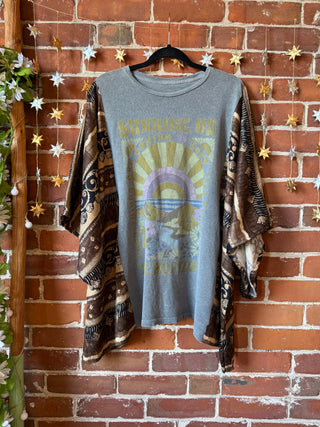 OOAK Autumn Collection - Upcycled Boho Sunrise Print Bell Sleeve Hybrid Top