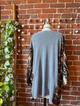 OOAK Autumn Collection - Upcycled Boho Sunrise Print Bell Sleeve Hybrid Top