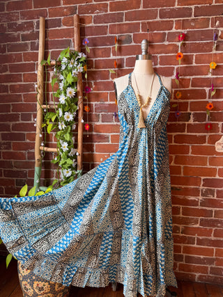 Size Small-Medium Blue Black Meadow Mosaic 100% Cotton Halter Dress - Fair Trade Made