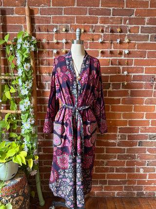 Purple Mandala Long Tapestry Robe Kimono w/ Pockets + Belt - Fair Trade Made