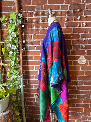 OOAK Winter Collection- Upcycled Silk Patchwork Tie Dye Whitney Houston Inspired Hi Lo Poncho Top