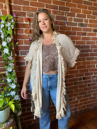 100% Cotton Gauze Boho Fringe Kimono Layer - Cream
