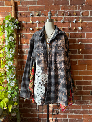OOAK Winter Collection- Birdsong Kantha + Bleach Plaid Button Up Wing Style Poncho Jacket