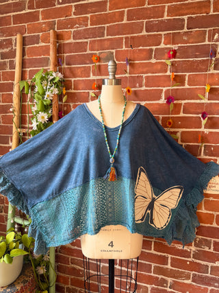 OOAK Summer Collection - Upcycled Luna Butterfly Flowy Trapeze Style Top 🦋 Slate Blue