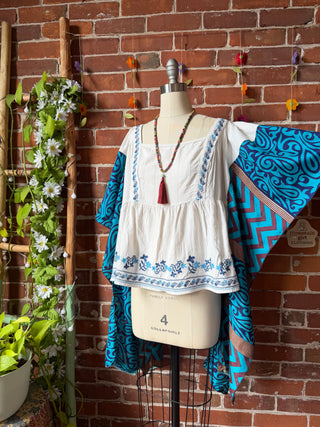 OOAK Summer Collection- Upcycled Embroidered Rayon + Silk Flowy Hi Lo Poncho Top