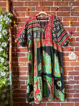Coffee In The Morning Kantha Dress - Fits up to 3X - 100% Cotton- Fair Trade Made