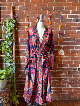 Purple Orange Paisley Mandala Long Tapestry Robe Kimono w/ Pockets + Belt - Fair Trade Made