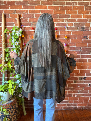 Autumn Stroll Patchwork Batwing Sleeve Kimono Layer - Dark Earth Tones
