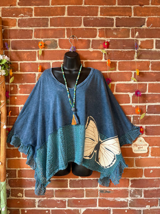 OOAK Summer Collection - Upcycled Luna Butterfly Flowy Trapeze Style Top 🦋 Slate Blue