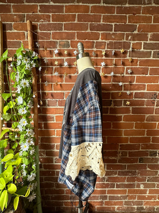 OOAK Autumn Collection- Upcycled Fender Guitar Lace Plaid Bell Sleeve Hybrid Top