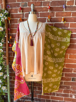Upcycled Eyelet Detail Hi Lo Kantha Poncho Top