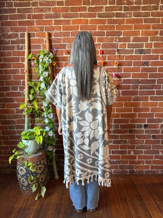 Gray Sky Fringe Hi Lo Poncho Tunic Top- 100% Cotton