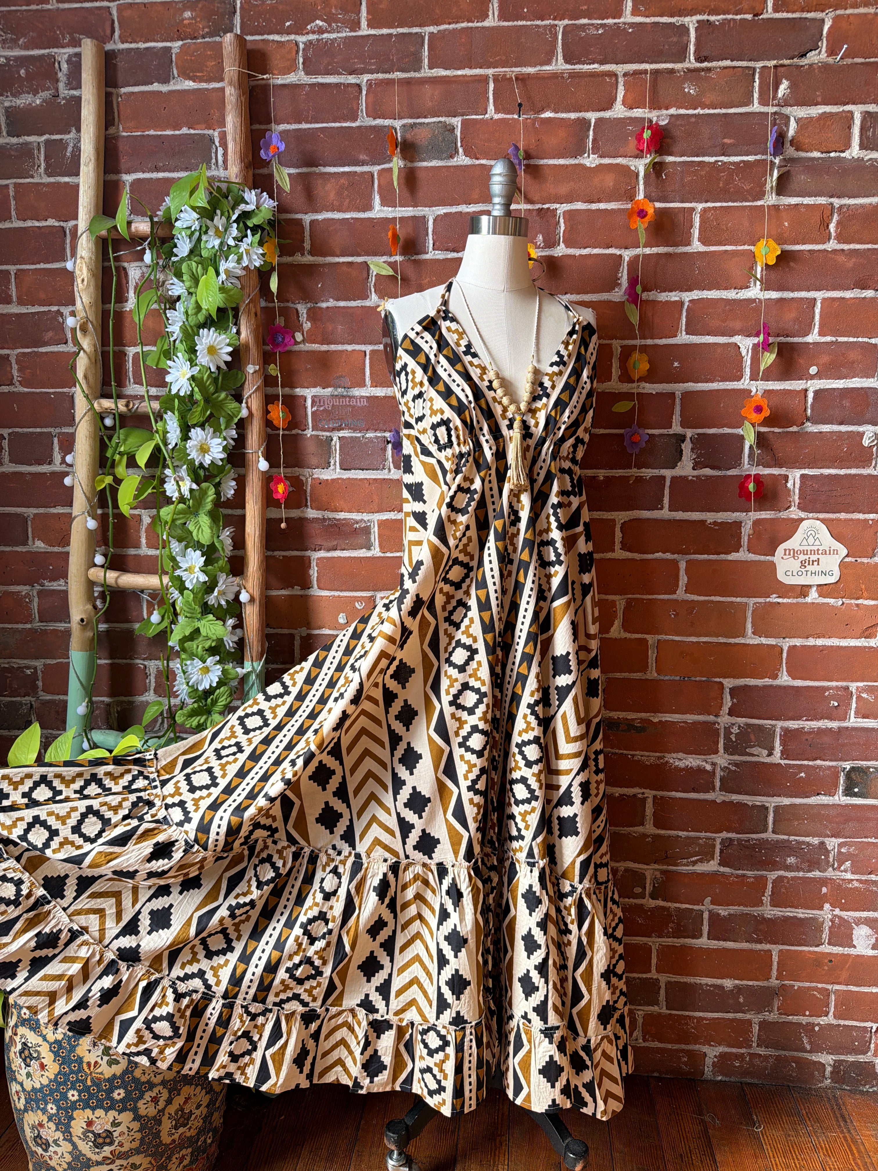 Size Small-Medium Black Gold Meadow Mosaic 100% Cotton Halter Dress