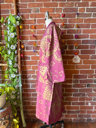 Maroon and Gold Mandala Long Tapestry Robe Kimono w/ Pockets + Belt - Fair Trade Made