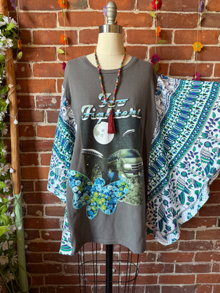 OOAK Summer Collection- Upcycled Foo Fighters Inspired Vintage Butterfly Patch Tapestry Poncho Tee