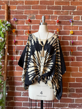Spiral Black + Beige Tie Dye Fringe Poncho