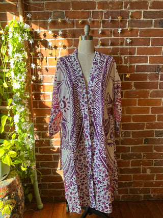 Purple Pink Blue Mandala Long Tapestry Robe Kimono w/ Pockets + Belt - Fair Trade Made