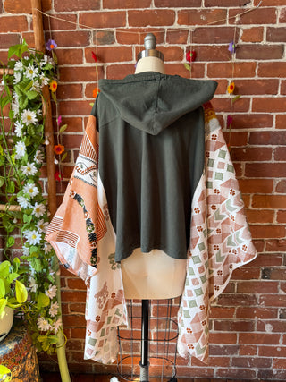 OOAK Autumn Collection - Upcycled Crop Vintage Fabric Hi Lo Poncho Hoodie Jacket