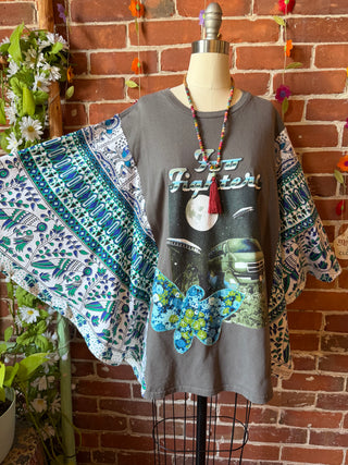 OOAK Summer Collection- Upcycled Foo Fighters Inspired Vintage Butterfly Patch Tapestry Poncho Tee