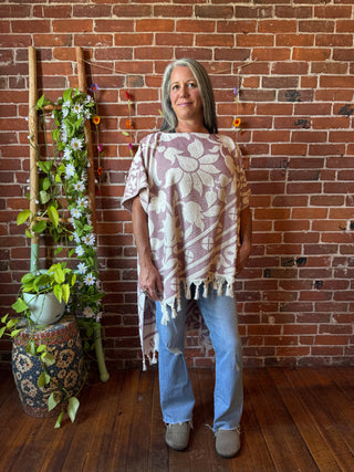 Pink Sky Fringe Hi Lo Poncho Tunic Top- 100% Cotton
