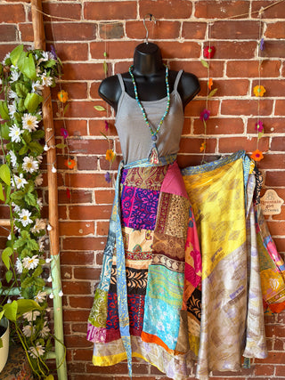Reversible Upcycled Sari Silky Patchwork Wrap Skirt - Fair Trade Made