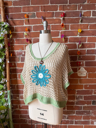 Blue/Green Festival Flower Crochet Overlay Top 🌼