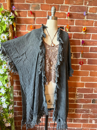 100% Cotton Gauze Boho Fringe Kimono Layer - Charcoal