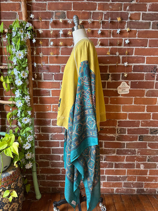 The Band Inspired Hybrid Teal Boho Print Hi Lo Poncho Sweatshirt