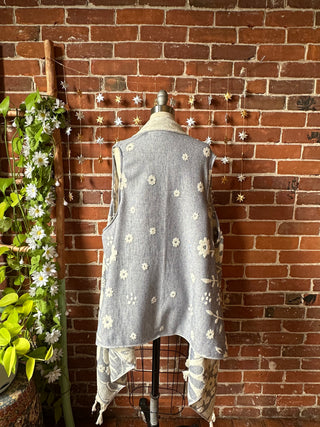 Blue Sky Flowers Fringe Duster Reversible Vest - 100% Cotton
