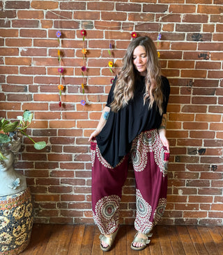 Wheel of Life Flowy Harem Pants- Reds