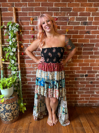 Sunlit Grove Tiered Patchwork Hi Lo Recycled Sari Dress